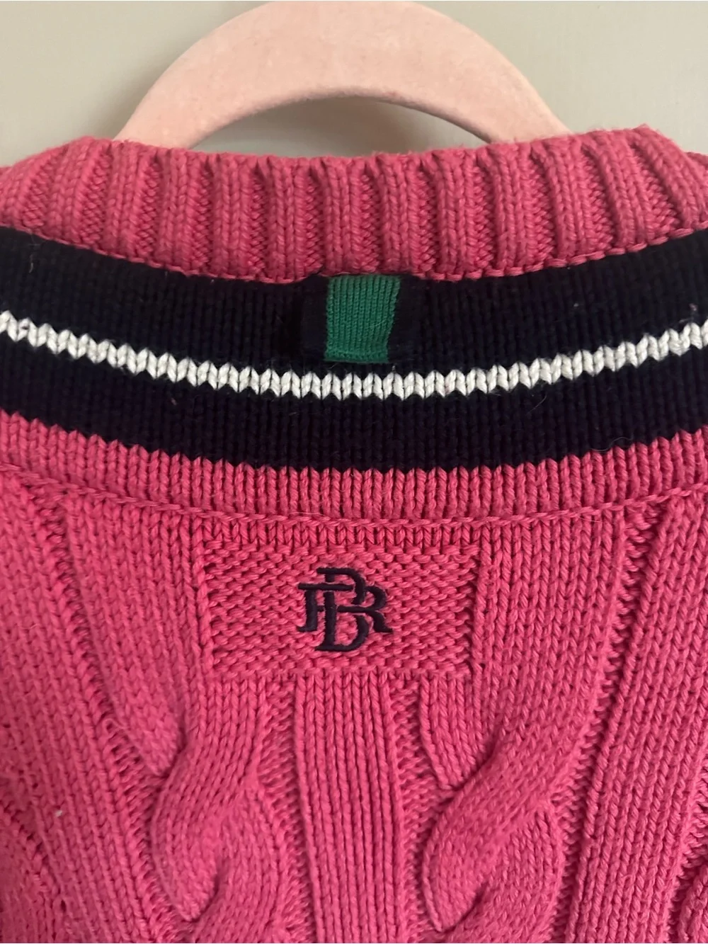 Banana Republic Pink Cable-Knit V-Neck Sweater with Navy & White Stripes